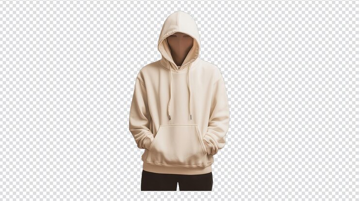 PSD a plain cream hoodie displayed against a transparent background showcasing its casual style and comfortable fit for everyday wear