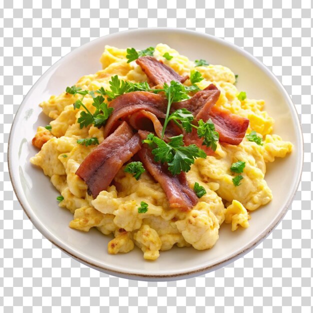 PSD a plate of fluffy scrambled eggs with bacon isolated on transparent background