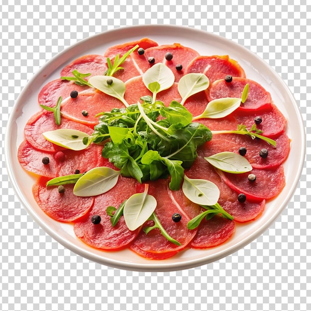 PSD a plate of food with red meat cheese and green leaves on transparent background
