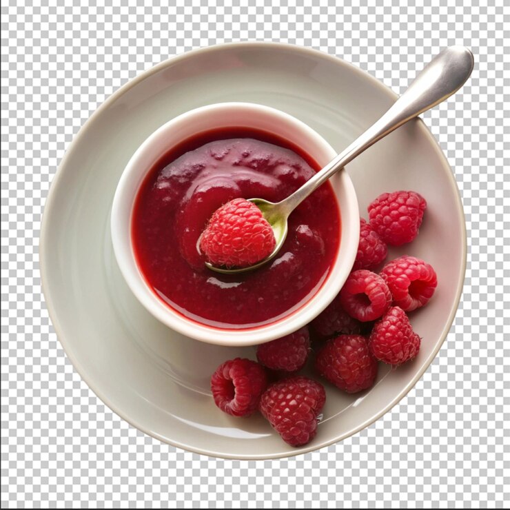 PSD a plate with a spoon and a cup ofraspberry sauce