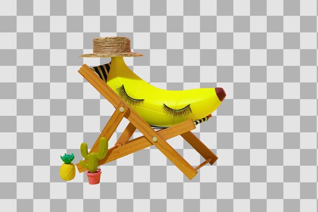 A playful banana chair wearing a straw hat for summer fun isolated on white PNG