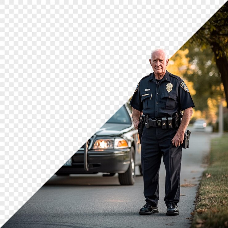 PSD a police officer stands on a sidewalk in front of a car