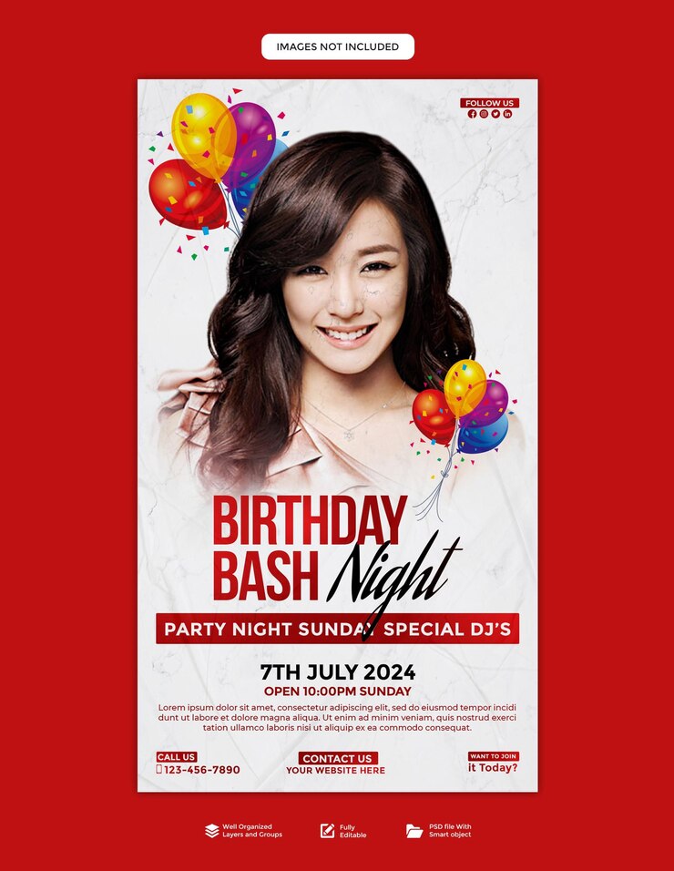 PSD a poster for birthday party with a woman wearing a shirt that says birthday party