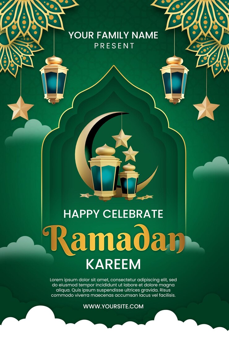 PSD a poster for ramadan with a green background and a green lantern with the words happy celebrate ramadan.
