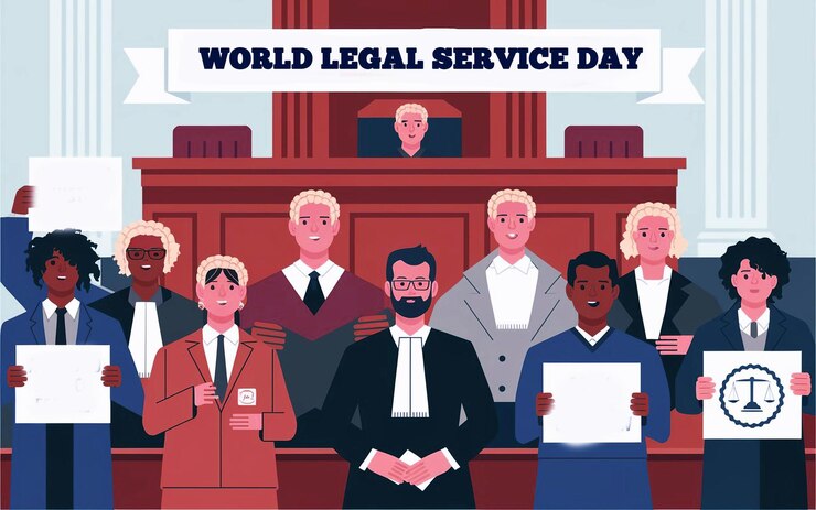 PSD a poster of a group of people holding up a sign that says world legal service day service