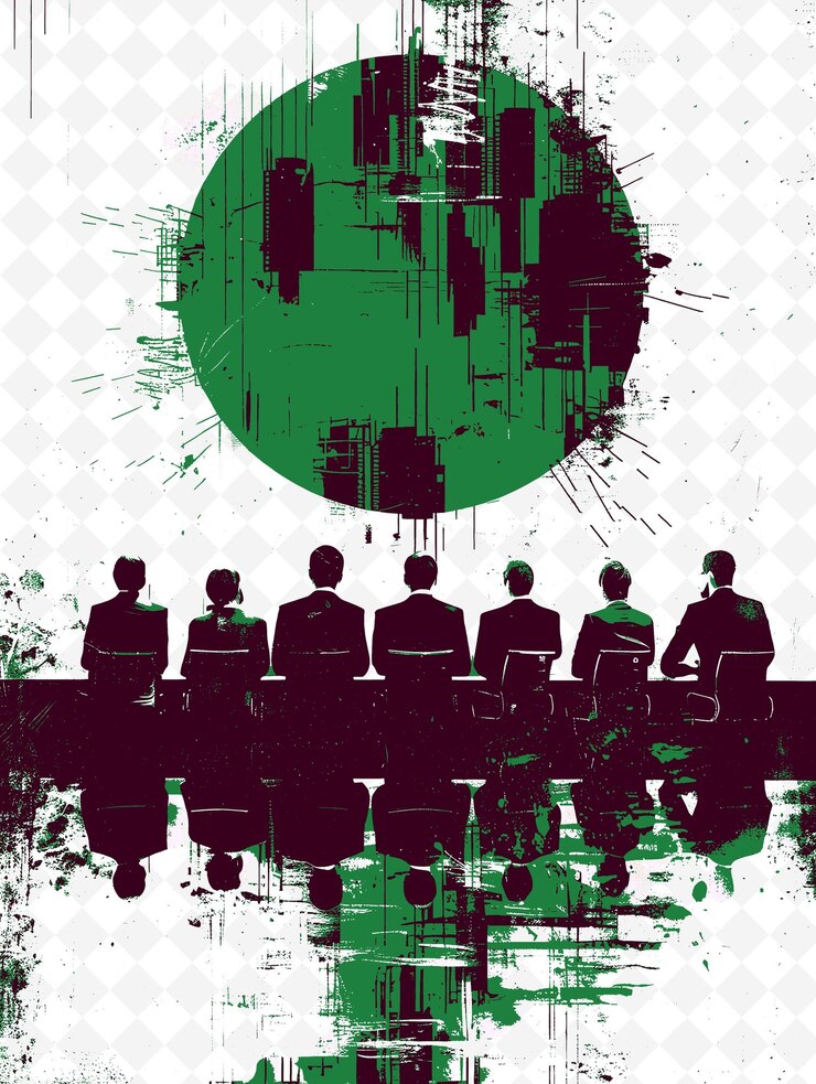 PSD a poster of a group of people in a conference with a green circle and a green circle with a green ci