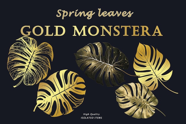 A poster of gold leaves that says " gold monstera ".
