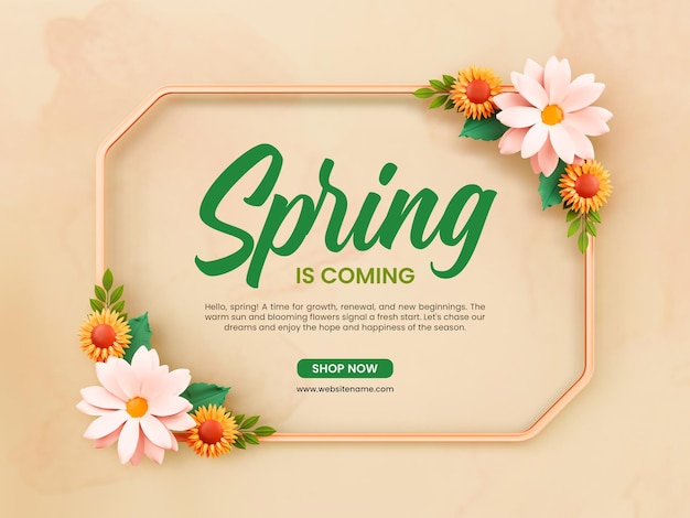 A primavera está chegando modelo de banner de mídia social de moldura floral