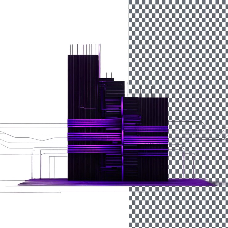 PSD a purple building with a drawing of a building that says  the word  on it