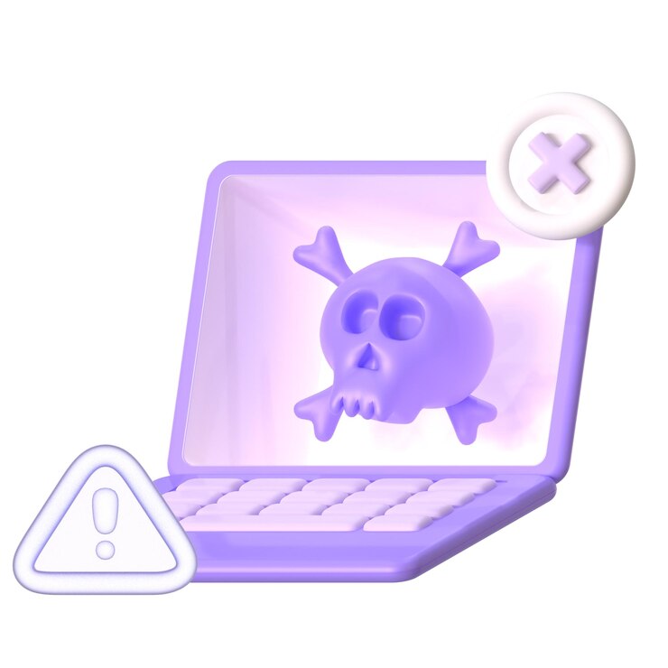 PSD a purple laptop with a skull on the screen and a cross on the screen