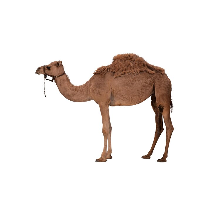 PSD a realistic camel standing profile on white background png