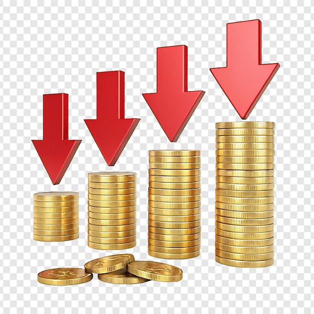 A recessão econômica As setas vermelhas apontam para as pilhas de moedas de ouro