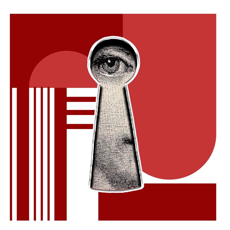 PSD a red and white poster with a mans eye and a red background