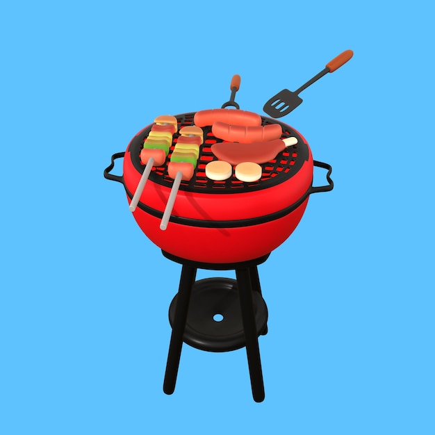A red barbeque grill with food items being grilled