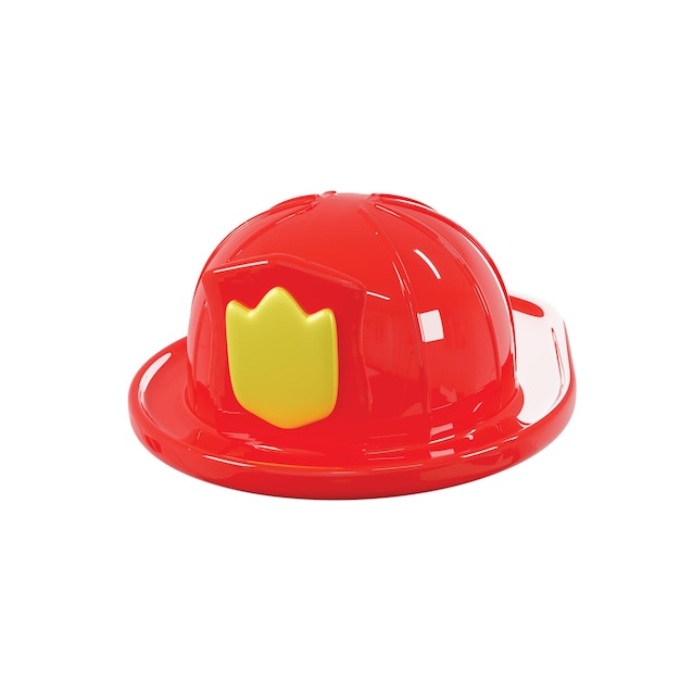 A red helmet with a yellow shield on it is against a white background.