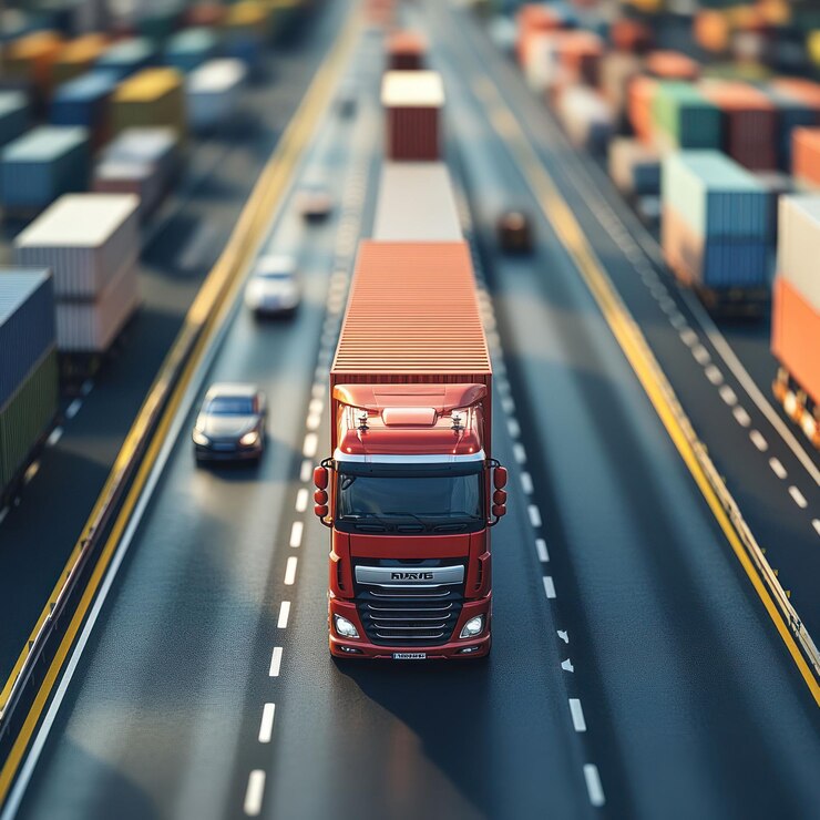 A red semitrailer truck drives on a highway with other vehicles and cargo containers in the background