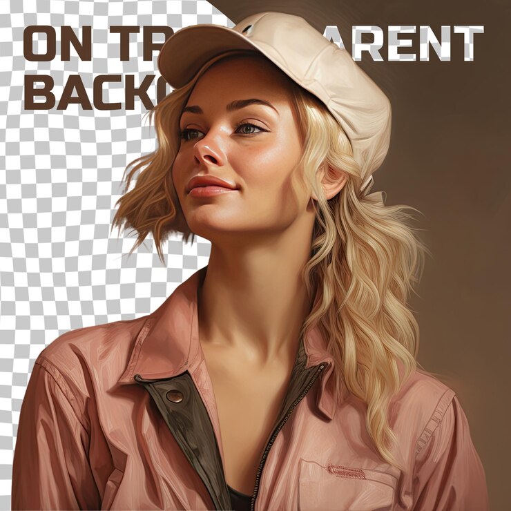 PSD a remorseful adult woman with blonde hair from the nordic ethnicity dressed in miner attire poses in a eyes closed with a smile style against a pastel cream background