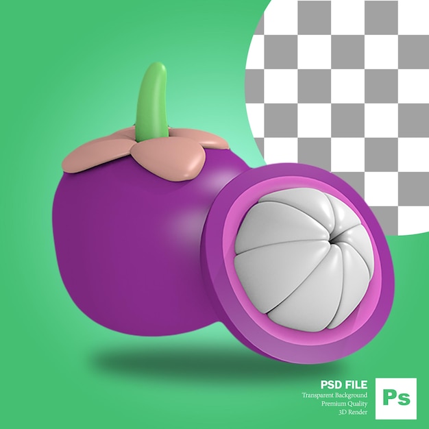 A renderização em 3d do ícone do objeto de fruta cortado ao meio da fruta do mangostão é roxa
