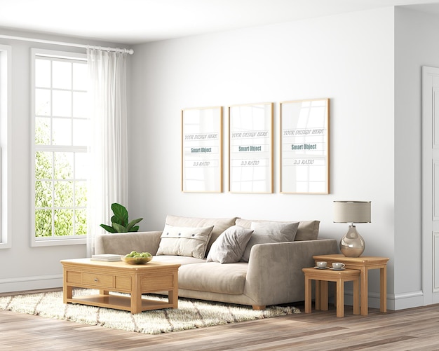 A sala de estar é decorada em estilo moderno e inundada com luz mockup Frame