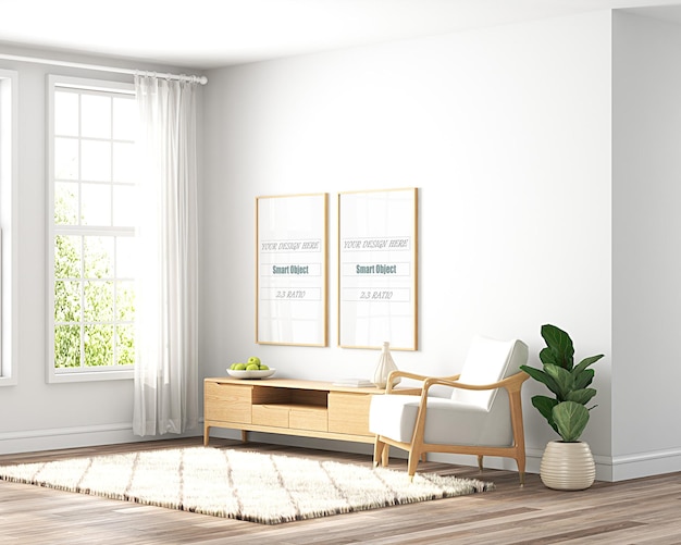 A sala de estar é decorada em estilo moderno e inundada com luz mockup Frame