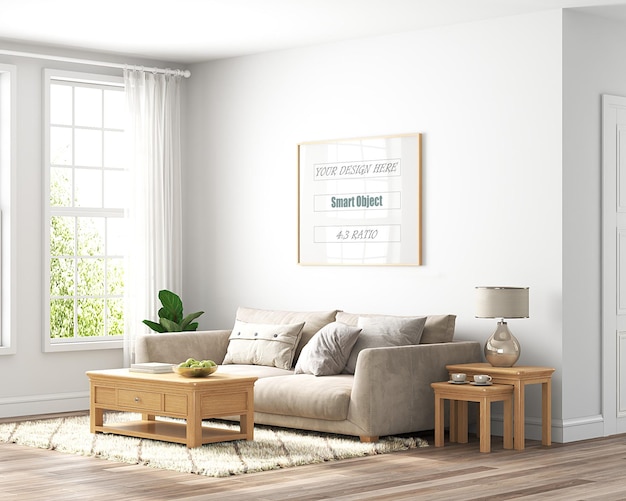 A sala de estar é decorada em estilo moderno e inundada com luz mockup Frame
