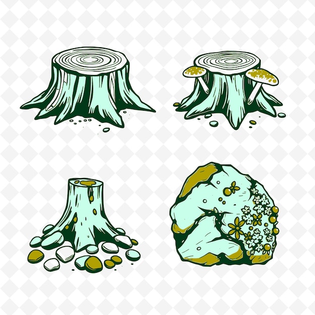 a set of images of a tree with a green moss and bubbles