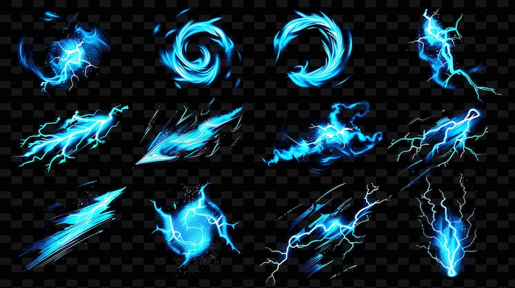 PSD a set of lightning bolt icons with swirling luminescence in png iconic y2k shape art decorative