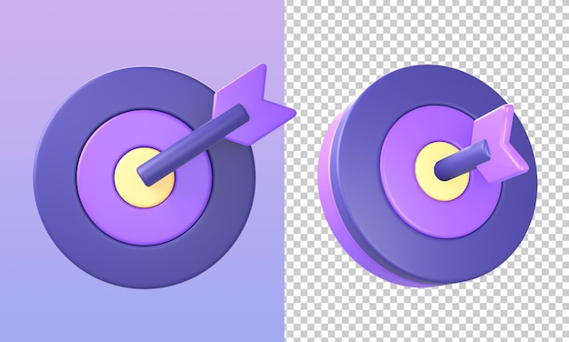 PSD a seta roxa amarela 3d atinge os ícones de alvo ou objetivo para projetos de anúncios de mídia social de aplicativos móveis da web ui ux