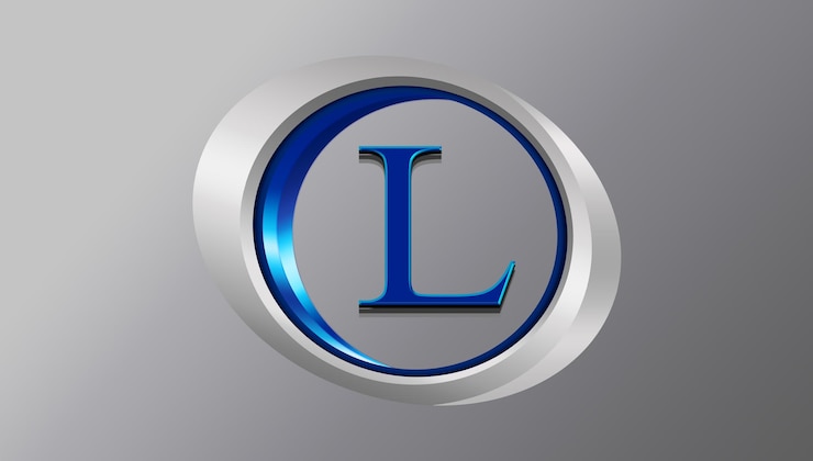 PSD a silver and blue logo with a silver background with a l on it