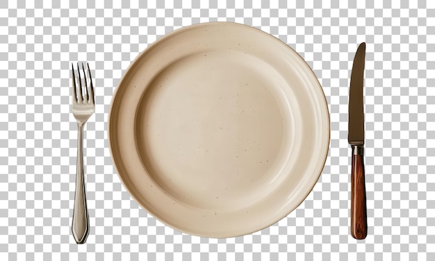 A simple dining setup featuring a plain plate fork and knife on a white background