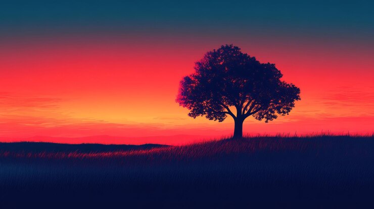 A single tree stands silhouetted against a fiery sunset sky