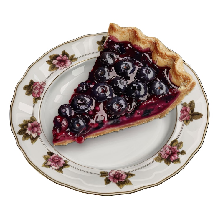 PSD a slice of blueberry pie on a floral plate