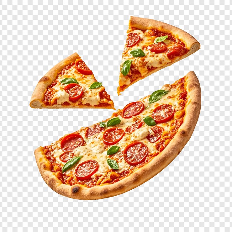 a slice of pizza with the word pizza on it
