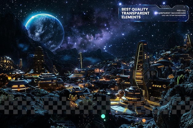 a space colony on a distant planet with futuristic buildings on transparent background