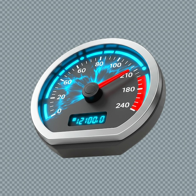 A speedometer with a red needle pointing near the maximum speed on a gray background png