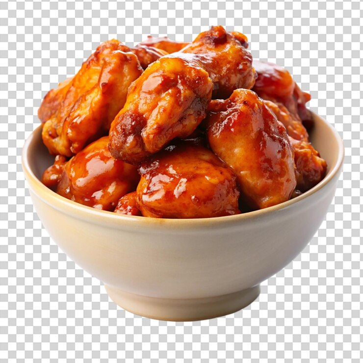 A spicy boneless barbecue chicken wing in bowl on isolated on transparent background
