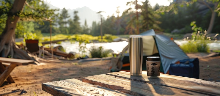 PSD a stainless steel thermos and coffee mug sit on a wooden table in front of a tent