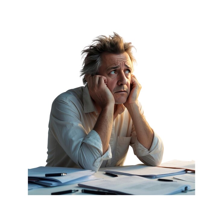 PSD a stressed man overwhelmed by paperwork at his desk looking tired and worried