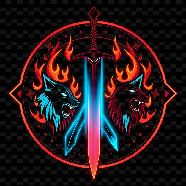 a sword with a red and blue logo and a dragon on it
