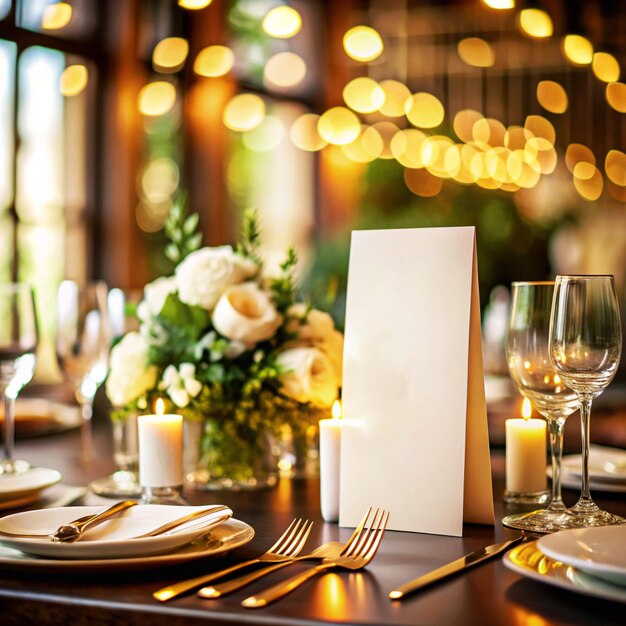 a table with a white card and silverware on it