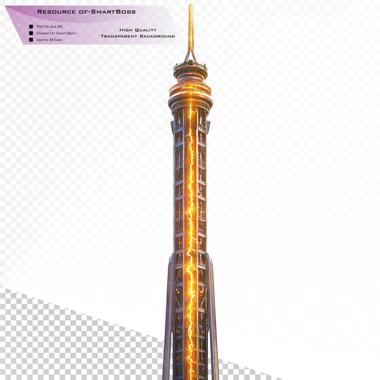 PSD a tall metallic tower with glowing electric energy on transparent background