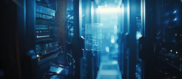 A technician holds a server board in a server room with rows of servers behind