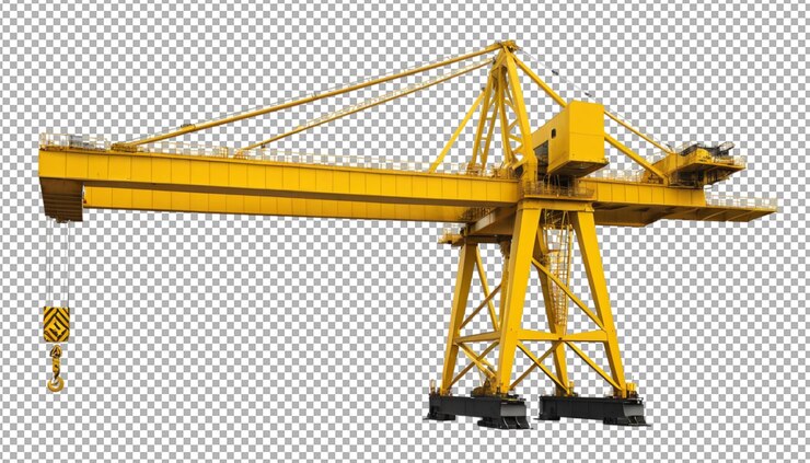 A towering yellow gantry crane rises high