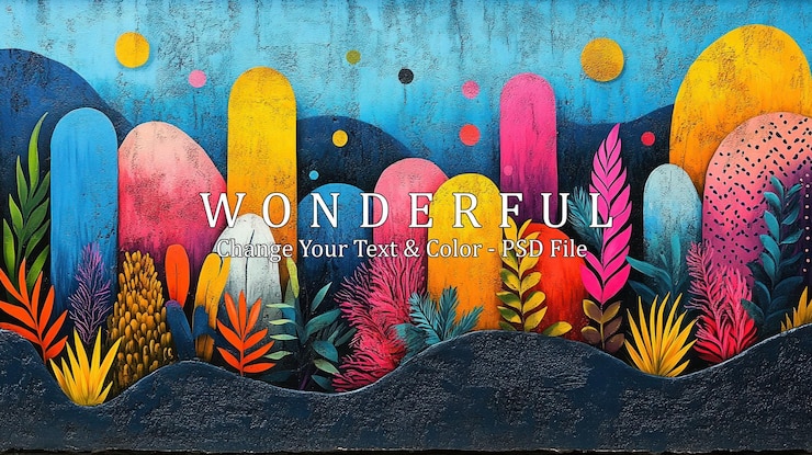 PSD a vibrant and colorful mural of a landscape with abstract shapes and plants