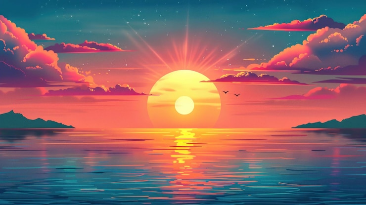 PSD a vibrant sunrise over a calm ocean with pink clouds and a golden sun