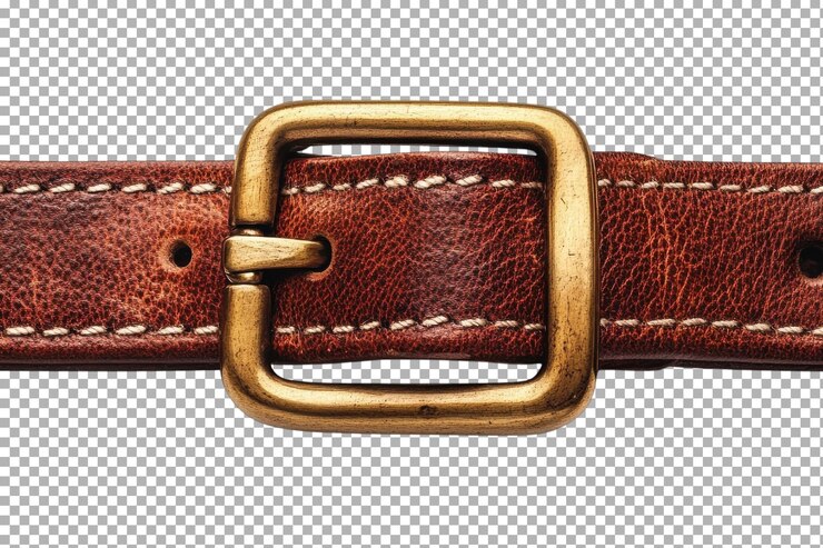 PSD a vintage brown leather belt with a brass buckle on a rustic table showcasing timeless style