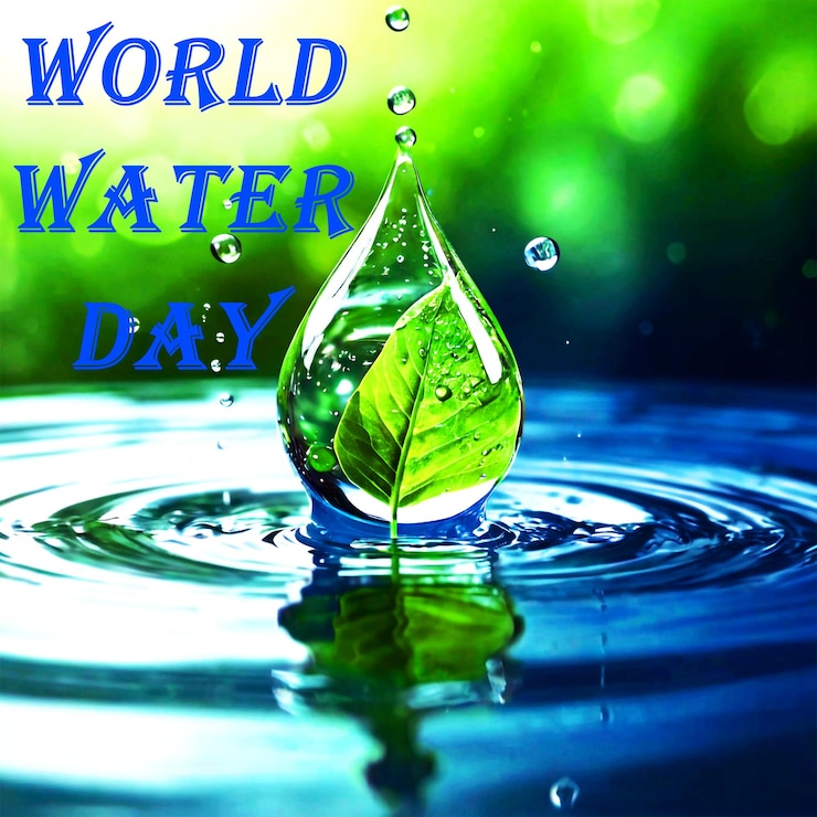 PSD a water drop that says world water day in blue
