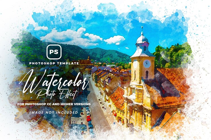 A watercolor picture template with a picture of a church and a sky background.