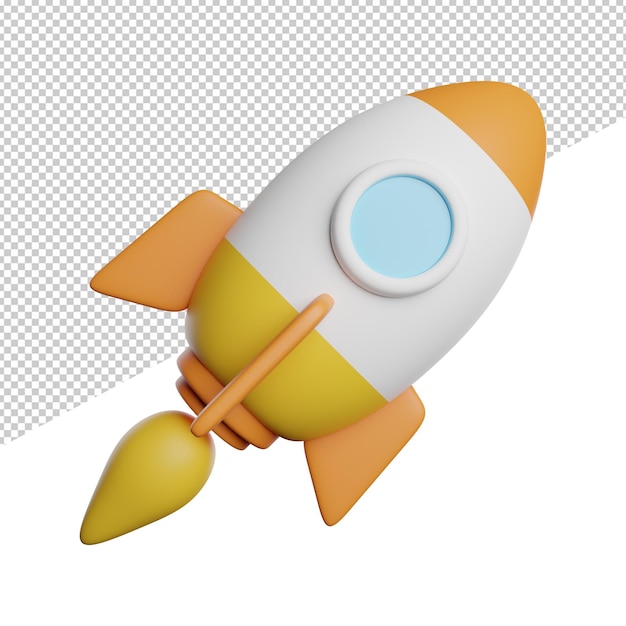 A white and yellow rocket with blue eyes sits in a corner of a white background.