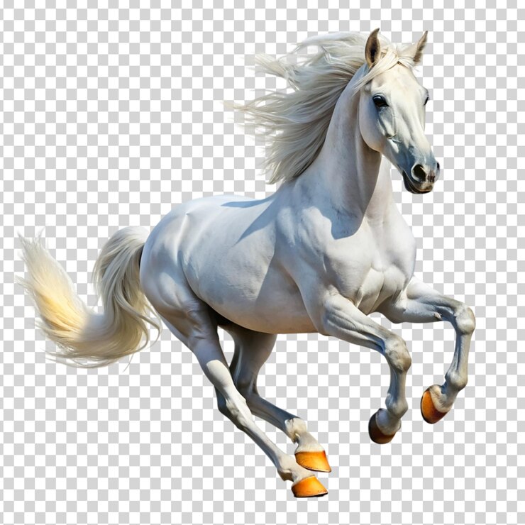 A white horse running in a field on transparent background